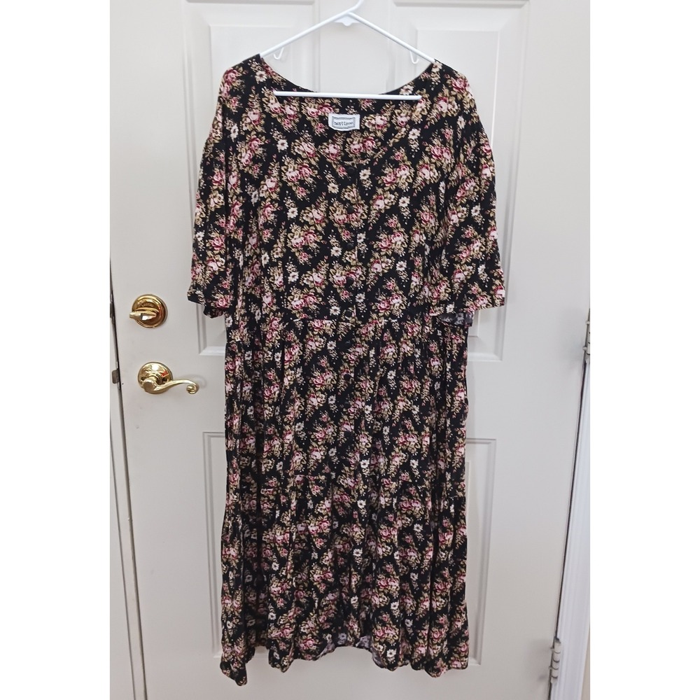 Next Time‎ Vintage 90s Floral Midi Dress Womens 2X Black Pink Rose Cottagecore